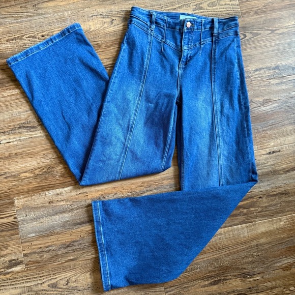Risen Jeans Denim - Risen Jeans FLARE Wide Leg Pants Womens 7/28 High Rise Front Seam Denim Boho